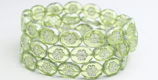 Table Cut Oval Beads With Flower, Transparent Yellow Silver Splash (80120-86700), Glass, Czech Republic