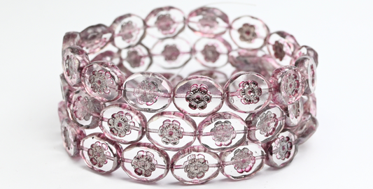 テーブルカットオーバルビーズ（花付き）、クリスタルライトフクシアピンク（00030-34306）、ガラス、チェコ共和国