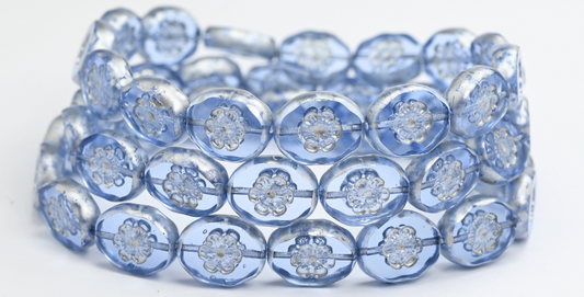 Table Cut Oval Beads With Flower, Transparent Blue Silver Splash (30020-86700), Glass, Czech Republic