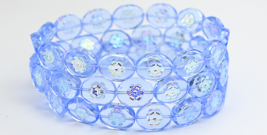 Table Cut Oval Beads With Flower, Transparent Blue Ab 2X (30020-AB-2X), Glass, Czech Republic