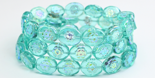 テーブルカットオーバルビーズ（花付き）、透明アクアAB 2X（60110-AB-2X）、ガラス、チェコ共和国