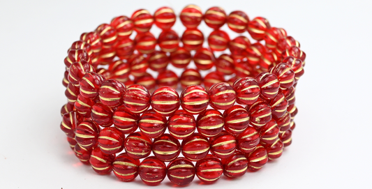 Melon Round Pressed Glass Beads With Stripes, Ruby Red Gold Lined (90080-54202), Glass, Czech Republic