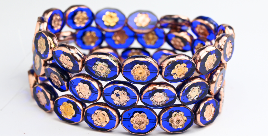 テーブルカットオーバルビーズ（花付き）、透明ブルーローズゴールドカプリ2X（30080-27101-2X）、ガラス、チェコ共和国