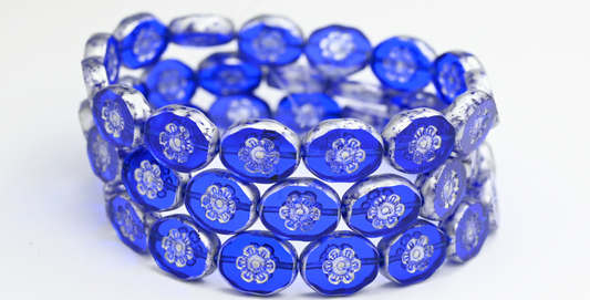 带花朵的椭圆形桌切珠，透明蓝色银溅 (30080-86700)，玻璃，捷克共和国