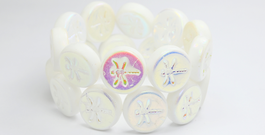 丸型フラットウィットトンボ型プレスガラスビーズ、ホワイトAB 2X (02010-AB-2X)、ガラス、チェコ共和国