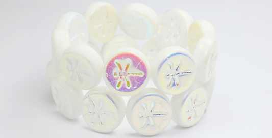 丸型フラットウィットトンボ型プレスガラスビーズ、ホワイトAB 2X (02010-AB-2X)、ガラス、チェコ共和国