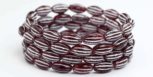 Oval Melon Beads, Transparent Red White Lined (90090-46401), Glass, Czech Republic