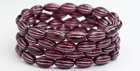 Oval Melon Beads, Transparent Red Pink Lined (90090-54321), Glass, Czech Republic