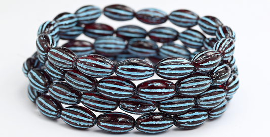 椭圆形瓜珠，透明红色浅蓝色内衬（90090-54308），玻璃，捷克共和国