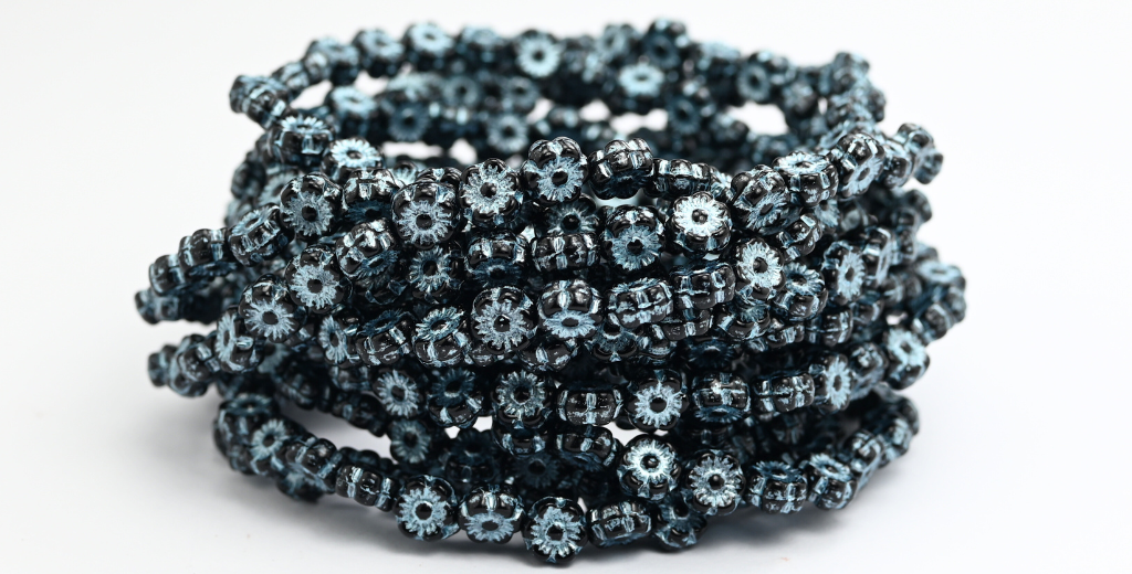 Hawaii Flower Pressed Glass Beads, Black Blue Lined (23980-54323), Glass, Czech Republic