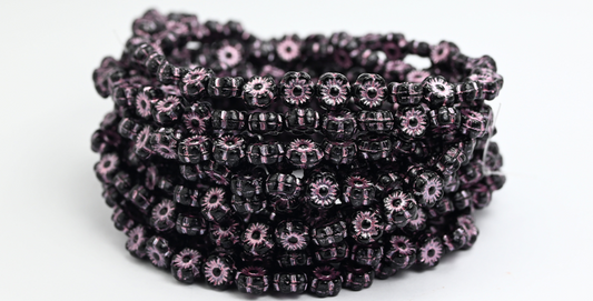 Hawaii Flower Pressed Glass Beads, Black Pink Lined (23980-54321), Glass, Czech Republic