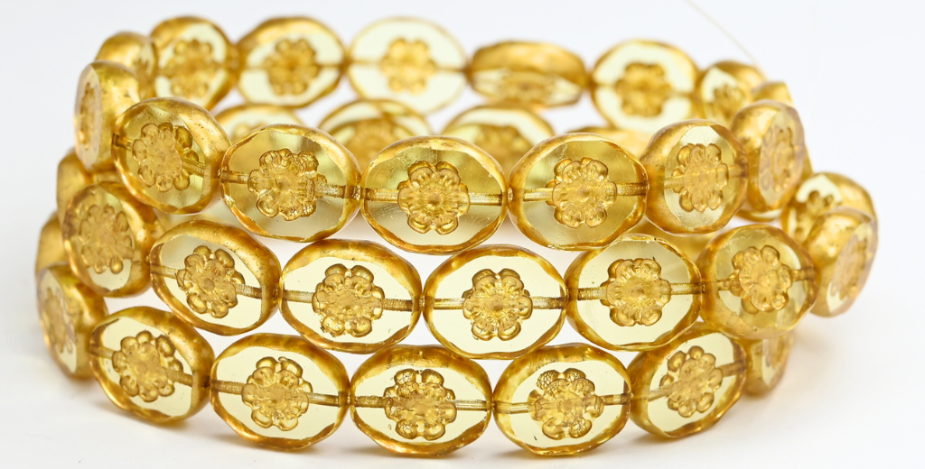 Table Cut Oval Beads With Cameo Lady'S Face, Transparent Yellow Gold Splash (80120-86720), Glass, Czech Republic