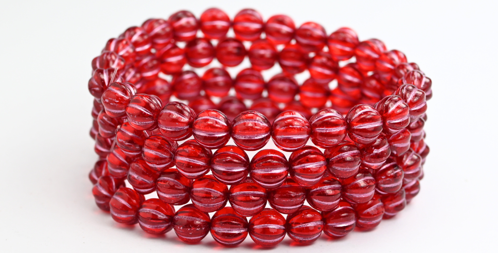 Melon Round Pressed Glass Beads With Stripes, Ruby Red Pink Lined (90080-54321), Glass, Czech Republic