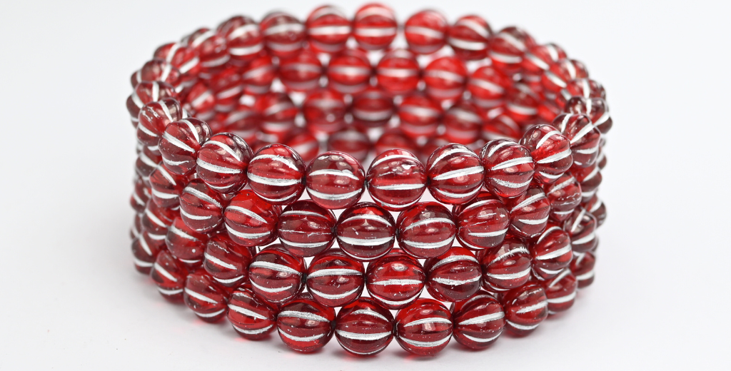 Melon Round Pressed Glass Beads With Stripes, Ruby Red Silver Lined (90080-54201), Glass, Czech Republic