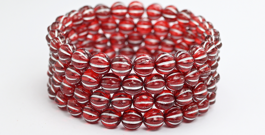 Melon Round Pressed Glass Beads With Stripes, Ruby Red Silver Lined (90080-54201), Glass, Czech Republic
