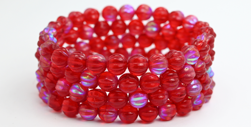 带条纹的瓜圆形压制玻璃珠，宝石红 Ab (90080-AB)，玻璃，捷克共和国