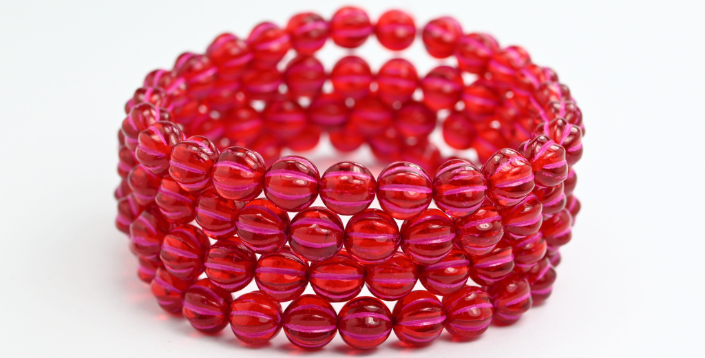 带条纹的瓜圆形压制玻璃珠，宝石红粉色内衬 (90080-46470)，玻璃，捷克共和国