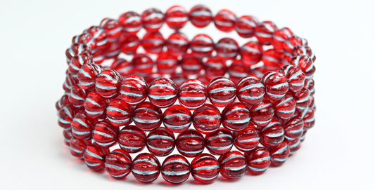 瓜子圆形压制玻璃珠，带条纹，宝石红蓝色内衬 (90080-54323)，玻璃，捷克共和国