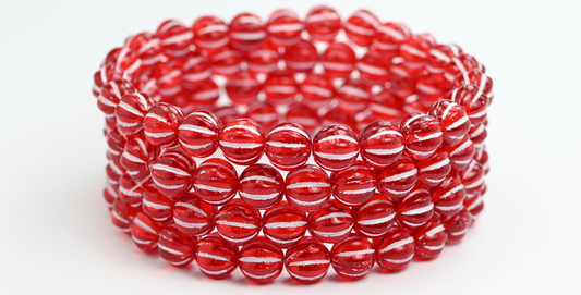 瓜子圆形压制玻璃珠，带条纹，宝石红色，白色内衬 (90080-46401)，玻璃，捷克共和国