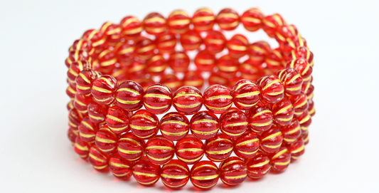 带条纹的瓜圆形压制玻璃珠，宝石红 54320 (90080-54320)，玻璃，捷克共和国