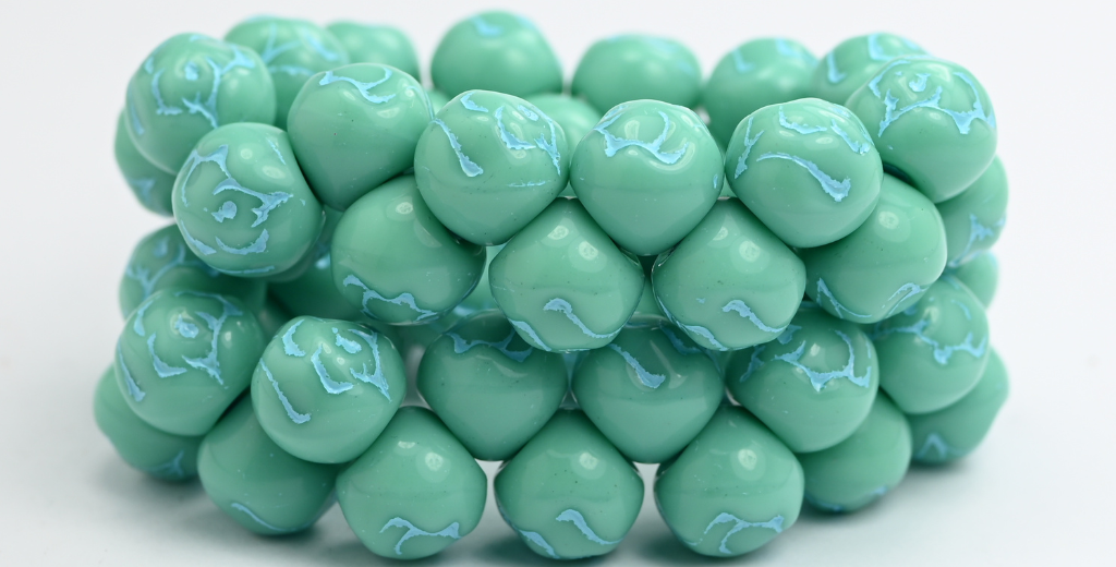 ローズ柄ラウンドプレスガラスビーズ、ターコイズライトブルーライン入り（63130-54308）、ガラス、チェコ共和国