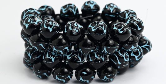 丸型プレスガラスビーズ（バラ柄）、ブラックライトブルーライン入り（23980-54308）、ガラス、チェコ共和国