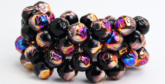 Round Pressed Glass Beads With Rose, Black Sliperit (23980-29500), Glass, Czech Republic