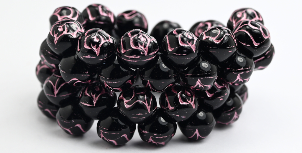 丸型プレスガラスビーズ（バラ柄）、ブラックピンクライン入り（23980-54321）、ガラス、チェコ共和国