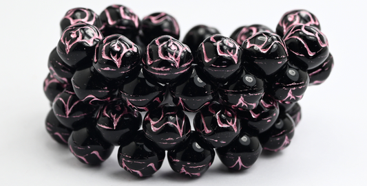 丸型プレスガラスビーズ（バラ柄）、ブラックピンクライン入り（23980-54321）、ガラス、チェコ共和国