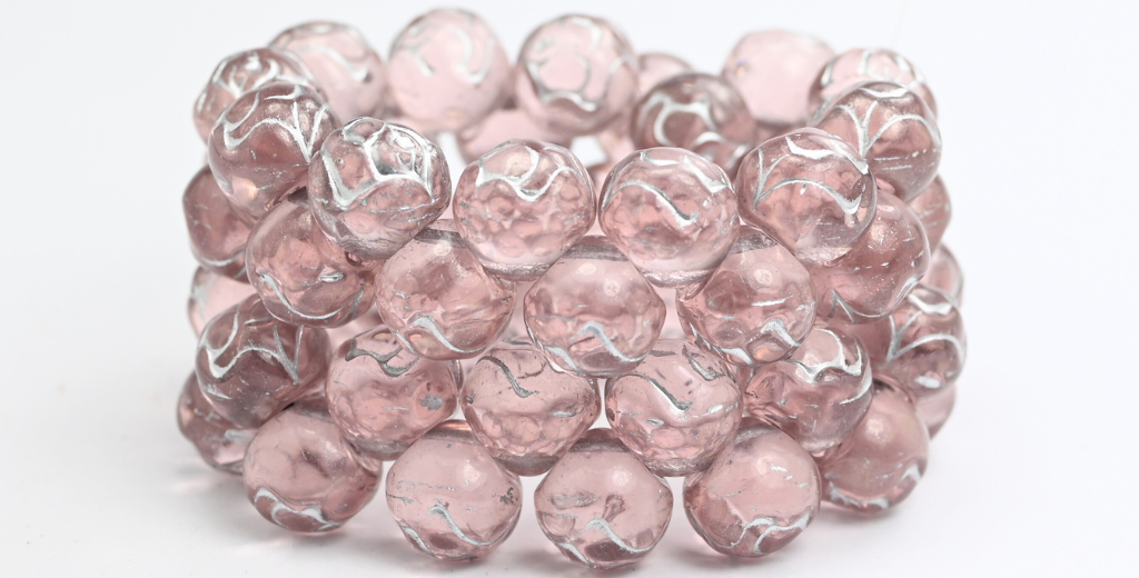 Round Pressed Glass Beads With Rose, Transparent Pink Silver Lined (70120-54201), Glass, Czech Republic