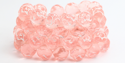 バラの模様が入った丸いプレスガラスビーズ、透明ピンクと白のライン入り（70120-46401）、ガラス、チェコ共和国
