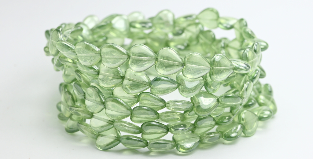 Heart Pressed Glass Beads, Crystal Luster Green Full Coated (00030-14457), Glass, Czech Republic