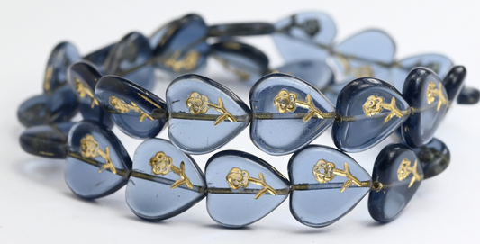 Heart Pressed Glass Beads With Flower, Pale Blue Gold Lined (30310-54202), Glass, Czech Republic