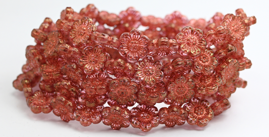 Flower Pressed Glass Beads, Crystal Luster Red Full Coated Copper Lined (00030-14495-55307), Glass, Czech Republic ~ STRANDED