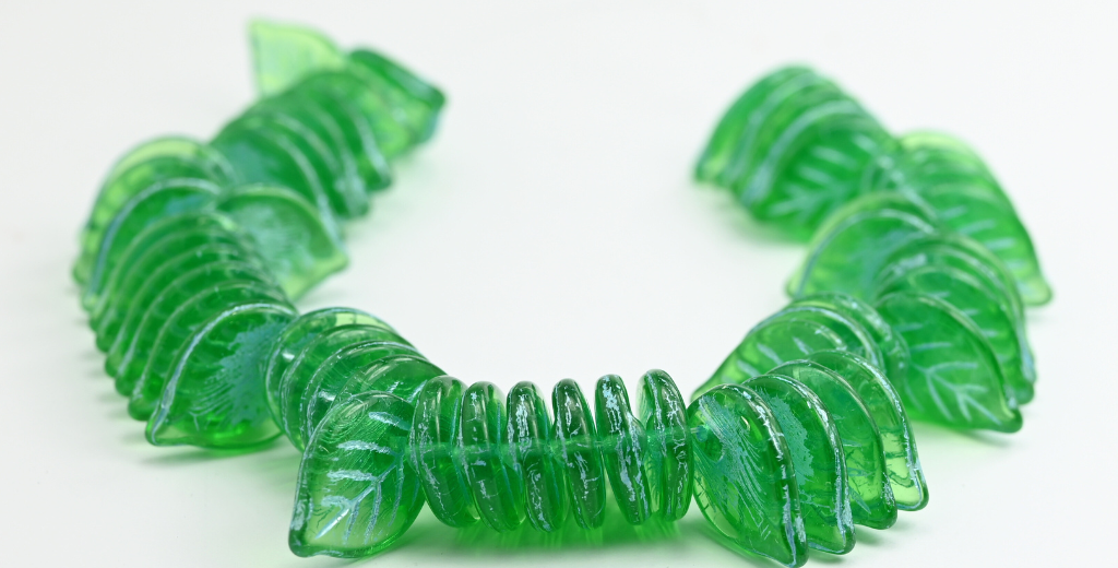 Leaf Pressed Glass Beads, Transparent Green Blue Lined (50200-54323), Glass, Czech Republic