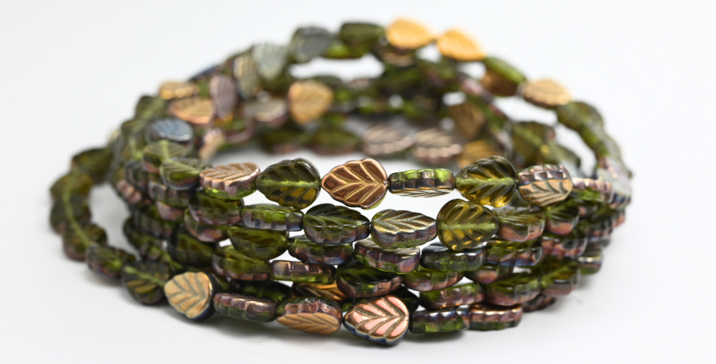 丁香叶压制玻璃珠，透明绿玫瑰金卡普里 (50200-27101)，玻璃，捷克共和国