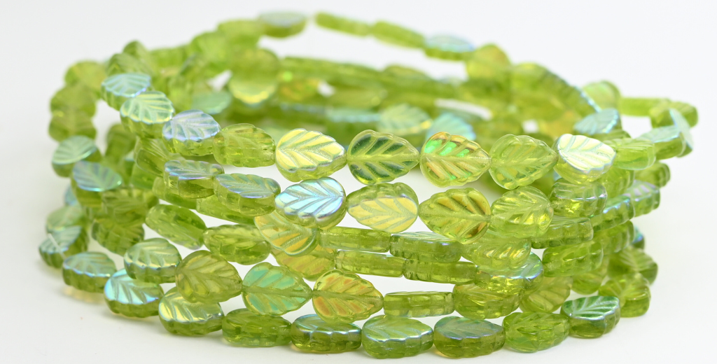 ライラックリーフプレスガラスビーズ、透明グリーンAb（50200-AB）、ガラス、チェコ共和国