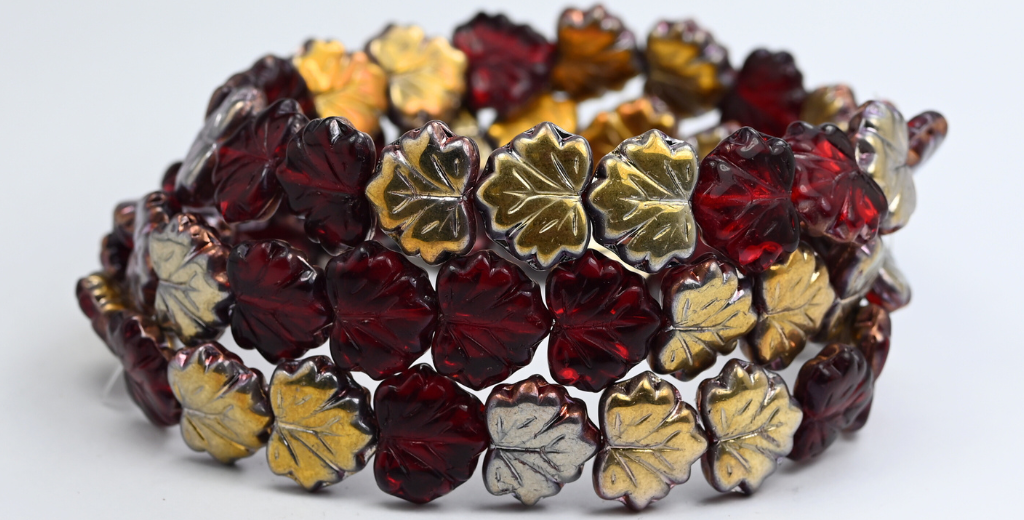 OUTLET 10 grams Maple Leaf Beads, 13 x 11 mm, Ruby Red Rose Gold Capri (90080-27101), Glass, Czech Republic