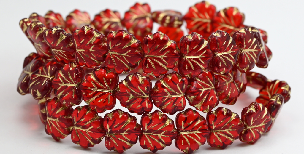 枫叶珠，红宝石色金边（90080-54202），玻璃，捷克共和国