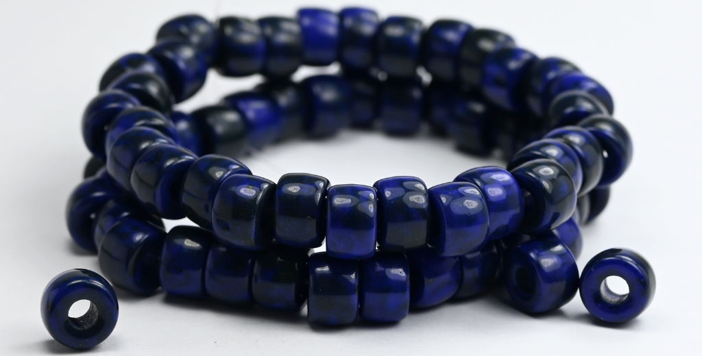 Round Pony Bagel Pressed Glass Beads With Big Hole, Rich Blue Travertin (33060-86800), Glass, Czech Republic