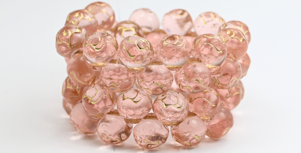 圆形压制玻璃珠，玫瑰花，透明粉红金内衬 (70120-54202)，玻璃，捷克共和国