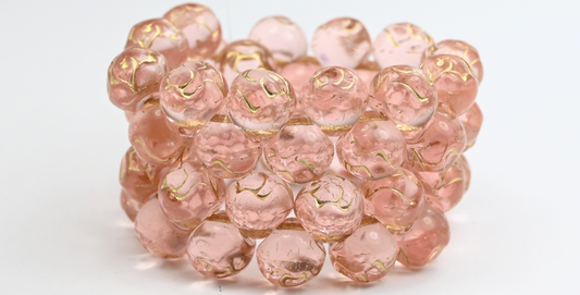 圆形压制玻璃珠，玫瑰花，透明粉红金内衬 (70120-54202)，玻璃，捷克共和国