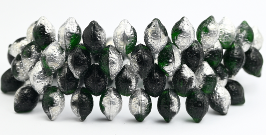 レモンフルーツプレスガラスビーズ、透明グリーンエメラルドクリスタルシルバーハーフコーティング（50150-27001）、ガラス、チェコ共和国〜STRANDED