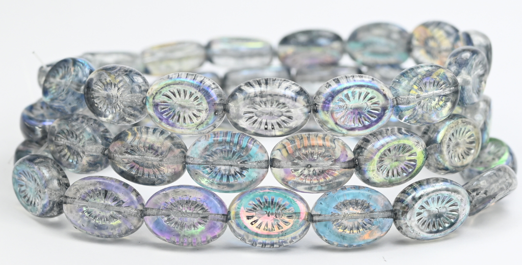 Oval Kiwi Pressed Glass Beads, Crystal Light Gray Ab (00030-34311-AB), Glass, Czech Republic