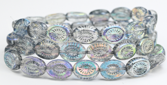 Oval Kiwi Pressed Glass Beads, Crystal Light Gray Ab (00030-34311-AB), Glass, Czech Republic