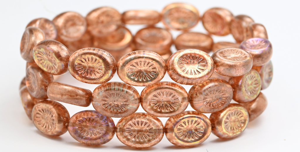 オーバルキウイプレスガラスビーズ、クリスタルピンクベージュAb（00030-34303-AB）、ガラス、チェコ共和国