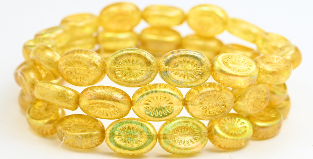 オーバルキウイプレスガラスビーズ、クリスタルライトイエローAb（00030-34302-AB）、ガラス、チェコ共和国