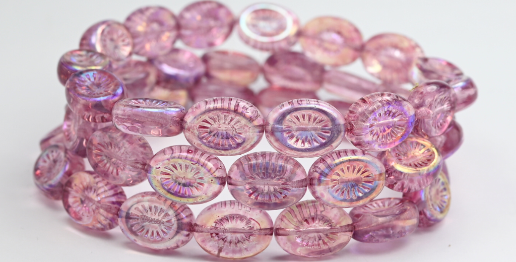 椭圆形猕猴桃压制玻璃珠，水晶浅紫红色粉红色 Ab (00030-34306-AB)，玻璃，捷克共和国