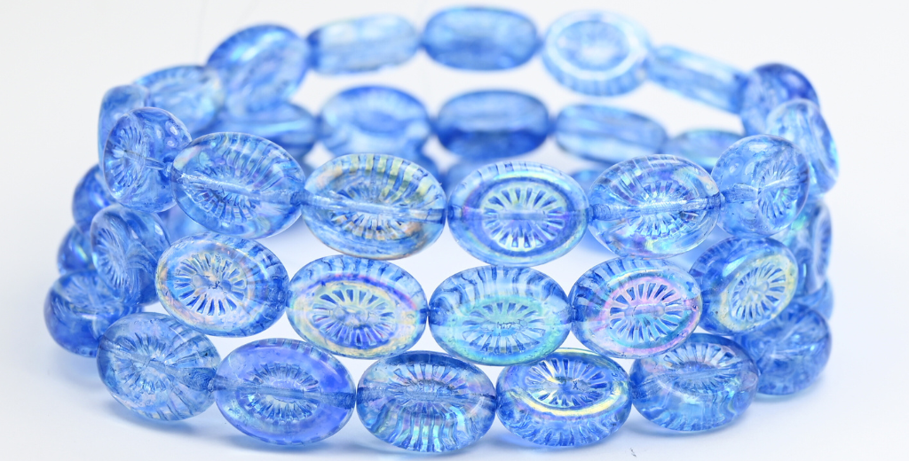 オーバルキウイプレスガラスビーズ、クリスタルライトブルーAb（00030-34307-AB）、ガラス、チェコ共和国