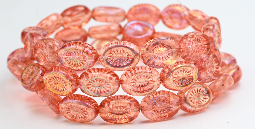 オーバルキウイプレスガラスビーズ、クリスタルライトピンクピーチAB（00030-34305-AB）、ガラス、チェコ共和国